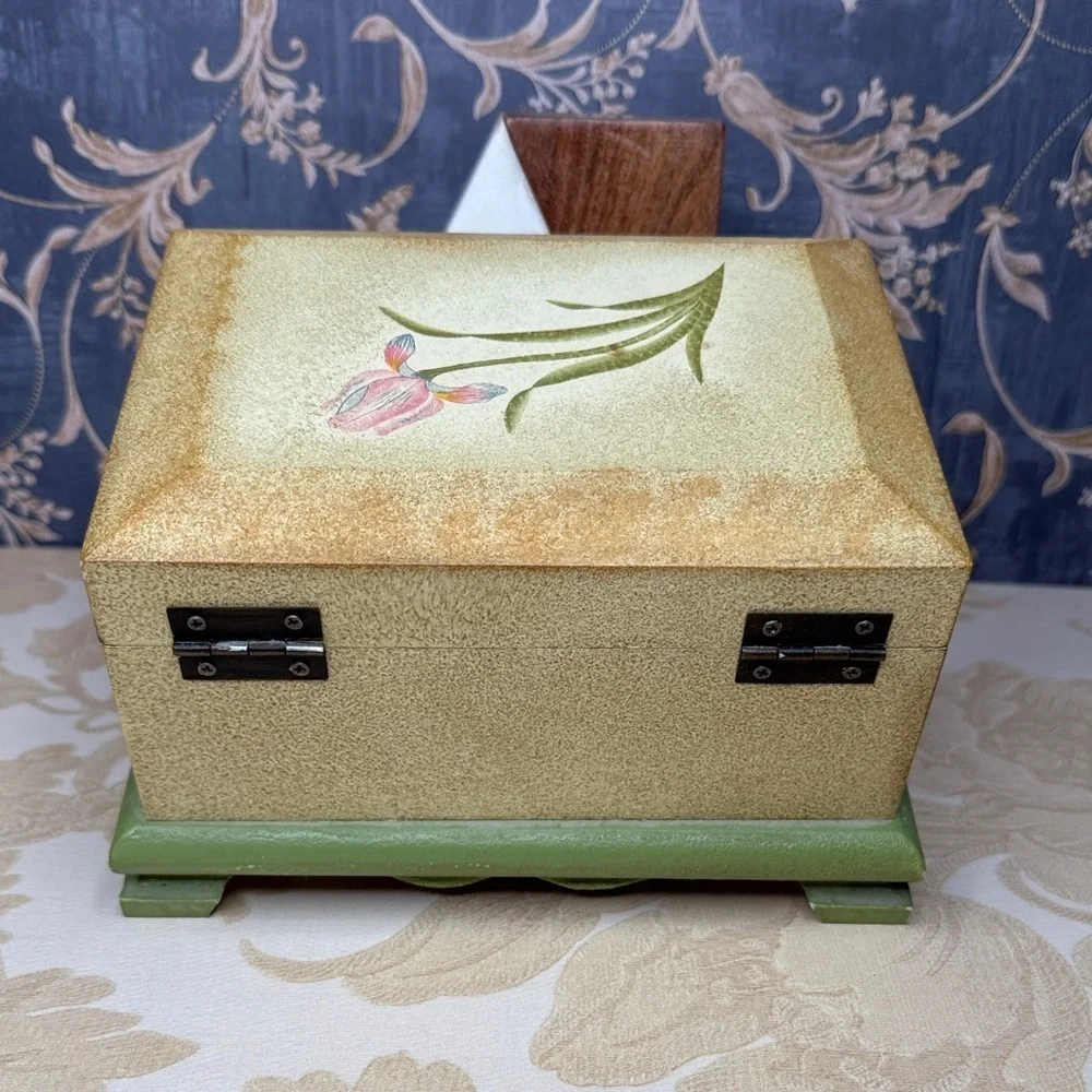 Vintage Painted Wood Jewelry Box Trinket Box Chest with Pale Pink Flowers